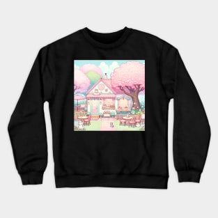 cute cat cafe with pink cherry blossom trees Crewneck Sweatshirt